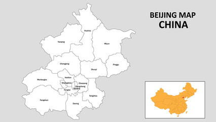 Beijing Map of China. State and district map of Beijing. Administrative map of Beijing with the district in white color.