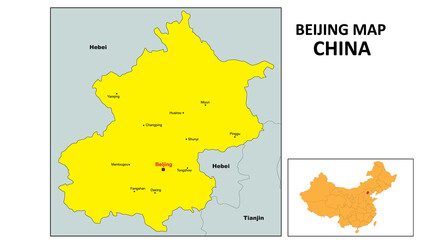 Beijing Map of China. Major city map of Beijing. Political map of Beijing with country capital.