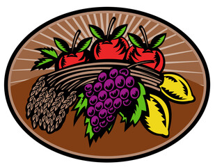 illustration of grapes ,apple ,lemon ,wheat bundle done in retro woodcut style set inside ellipse