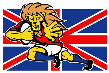 illustration of a cartoon British Lion playing rugby running with ball fending off with Union Jack Flag isolated on white background