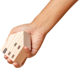 hand holding wooden model house.