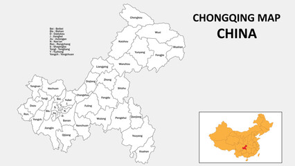 Chongqing Map of China. State and district map of Chongqing. Administrative map of Chongqing with the district in white color.