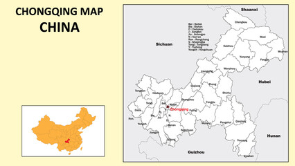 Chongqing Map of China. State and district map of Chongqing. Administrative map of Chongqing with district and capital in white color.