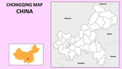 Chongqing Map of China. State and district map of Chongqing. Political map of Chongqing with outline and black and white design.