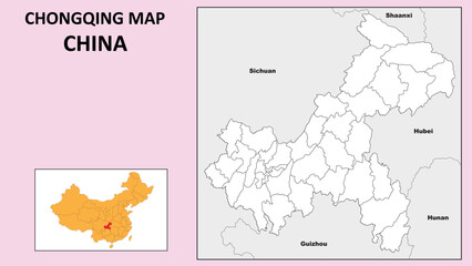 Chongqing Map of China. State and district map of Chongqing. Political map of Chongqing with outline and black and white design.