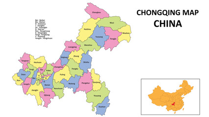 Chongqing Map of China. State and district map of Chongqing. Detailed colorful map of Chongqing.