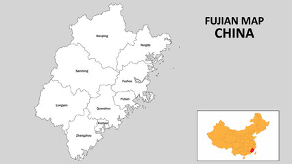 Fujian Map of China. State and district map of Fujian. Administrative map of Fujian with the district in white color.