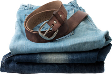 Blue jeans and leather belt.
