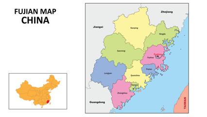 Fujian Map of China. State and district map of Fujian. Political map of Fujian with country capital.