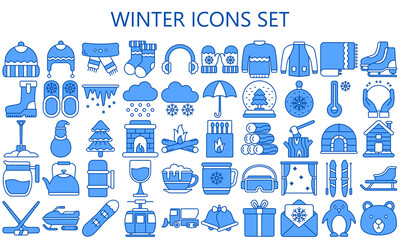 Winter blue color icons set. Jackets, sweater, hot drink, winter sport, snow, Christmas theme, gloves and more. use for modern UI or UX kit, digital banner and app. vector EPS 10 ready convert to SVG.