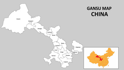 Gansu Map of China. State and district map of Gansu. Administrative map of Gansu with the district in white color.