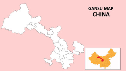 Gansu Map of China. Outline the state map of Gansu. Political map of Gansu with a black and white design.