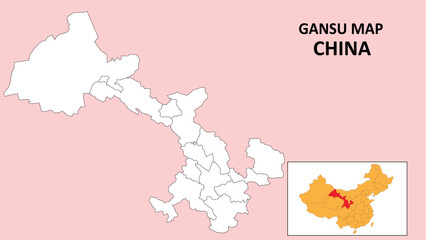 Gansu Map of China. Outline the state map of Gansu. Political map of Gansu with a black and white design.