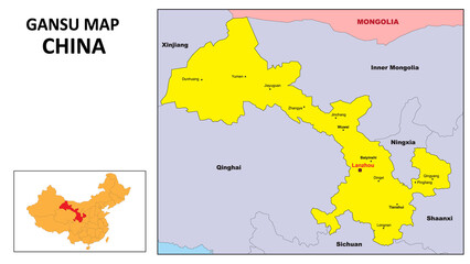 Obraz premium Gansu Map of China. Major city map of Gansu. Political map of Gansu with country capital.