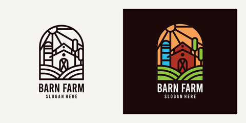 Monoline and colorful barn farming logo badge