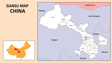 Fototapeta premium Gansu Map of China. State and district map of Gansu. Administrative map of Gansu with district and capital in white color.