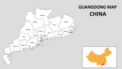 Guangdong Map of China. State and district map of Guangdong. Administrative map of Guangdong with the district in white color.