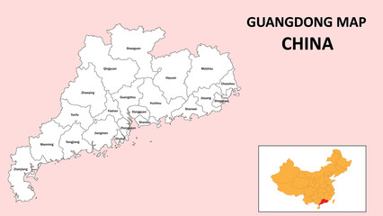 Guangdong Map of China. Outline the state map of Guangdong. Political map of Guangdong with a black and white design.