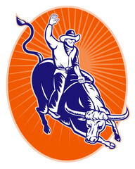 rodeo cowboy riding jumping longhorn bull