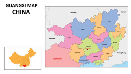 Guangxi Map of China. State and district map of Guangxi. Political map of Guangxi with country capital.