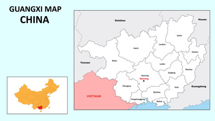 Guangxi Map of China. State and district map of Guangxi. Administrative map of Guangxi with district and capital in white color.