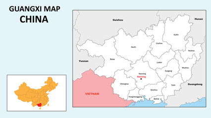 Guangxi Map of China. State and district map of Guangxi. Administrative map of Guangxi with district and capital in white color.