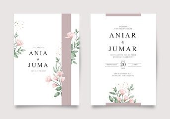 Beautiful wedding invitation with watercolor floral and green leaves