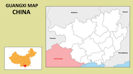 Guangxi Map of China. State and district map of Guangxi. Political map of Guangxi with outline and black and white design.