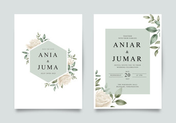 Elegant wedding invitation template with beautiful green roses and leaves