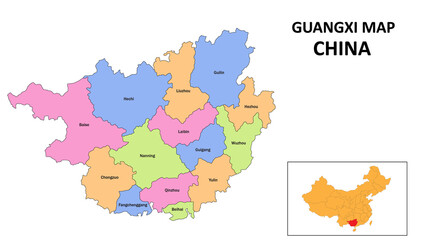 Obraz premium Guangxi Map of China. State and district map of Guangxi. Detailed colorful map of Guangxi.