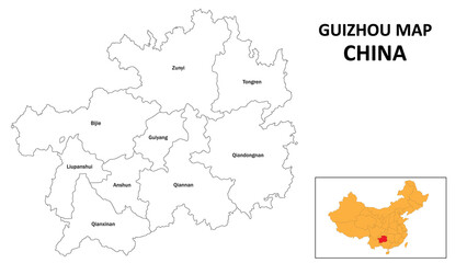 Guizhou Map of China. State and district map of Guizhou. Administrative map of Guizhou with the district in white color.