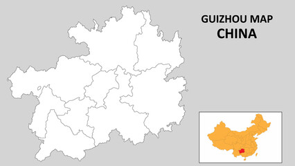 Guizhou Map of China. Outline the state map of Guizhou. Political map of Guizhou with a black and white design.