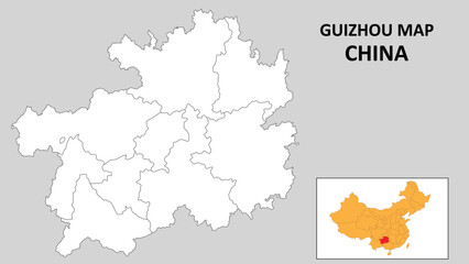 Guizhou Map of China. Outline the state map of Guizhou. Political map of Guizhou with a black and white design.