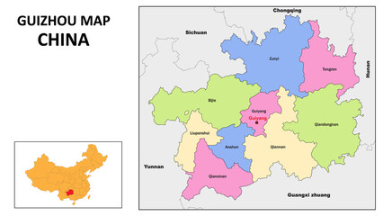 Guizhou Map of China. State and district map of Guizhou. Political map of Guizhou with country capital.