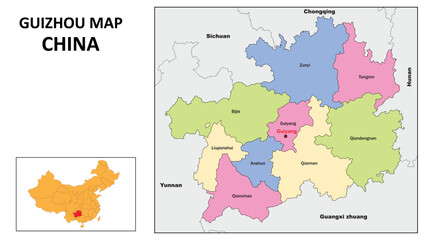 Guizhou Map of China. State and district map of Guizhou. Political map of Guizhou with country capital.