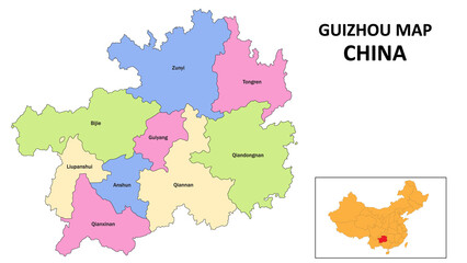 Guizhou Map of China. State and district map of Guizhou. Detailed colorful map of Guizhou.