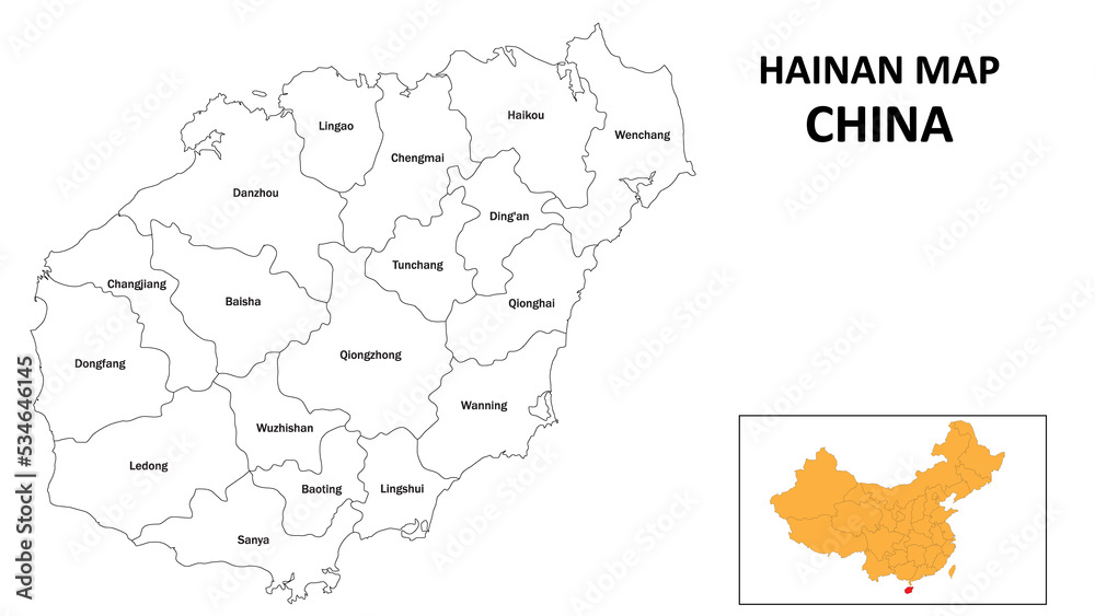 Sticker Hainan Map of China. State and district map of Hainan. Administrative map of Hainan with the district in white color.