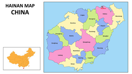 Hainan Map of China. State and district map of Hainan. Political map of Hainan with country capital.