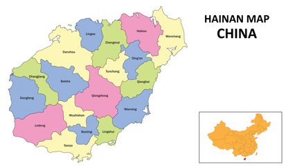 Hainan Map of China. State and district map of Hainan. Detailed colorful map of Hainan.