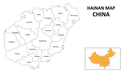 Hainan Map of China. State and district map of Hainan. Administrative map of Hainan with the district in white color.
