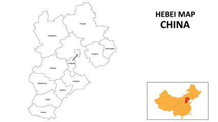 Hebei Map of China. State and district map of Hebei. Administrative map of Hebei with the district in white color.