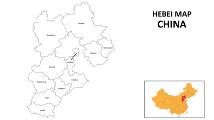 Hebei Map of China. State and district map of Hebei. Administrative map of Hebei with the district in white color.