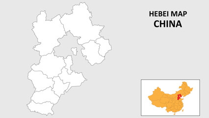Hebei Map of China. Outline the state map of Hebei. Political map of Hebei with a black and white design.