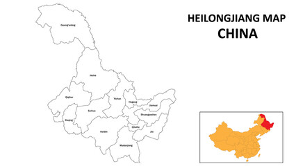 Heilongjiang Map of China. State and district map of Heilongjiang. Administrative map of Heilongjiang with the district in white color.