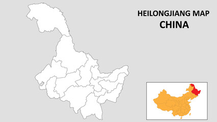 Heilongjiang Map of China. Outline the state map of Heilongjiang. Political map of Heilongjiang with a black and white design.