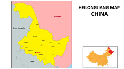 Heilongjiang Map of China. Major city map of Heilongjiang. Political map of Heilongjiang with country capital.