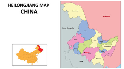 Heilongjiang Map of China. State and district map of Heilongjiang. Political map of Heilongjiang with country capital.