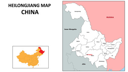 Heilongjiang Map of China. State and district map of Heilongjiang. Administrative map of Heilongjiang with district and capital in white color.