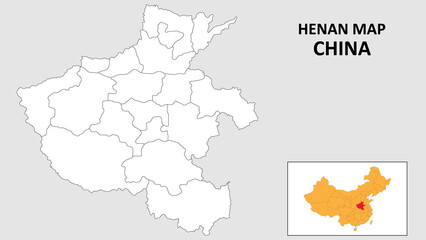 Henan Map of China. Outline the state map of Henan. Political map of Henan with a black and white design.