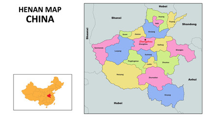 Henan Map of China. State and district map of Henan. Political map of Henan with country capital.